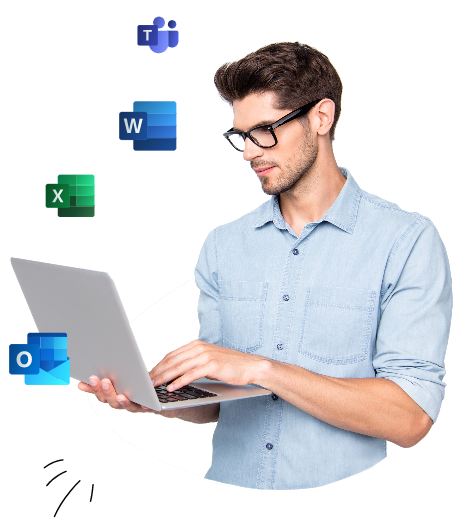 Man on laptop with MS Office icons floating around him