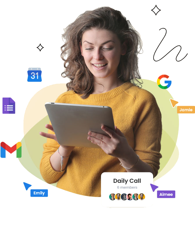 A person sitting with Google tools like Gmail, Calendar, or Forms.
