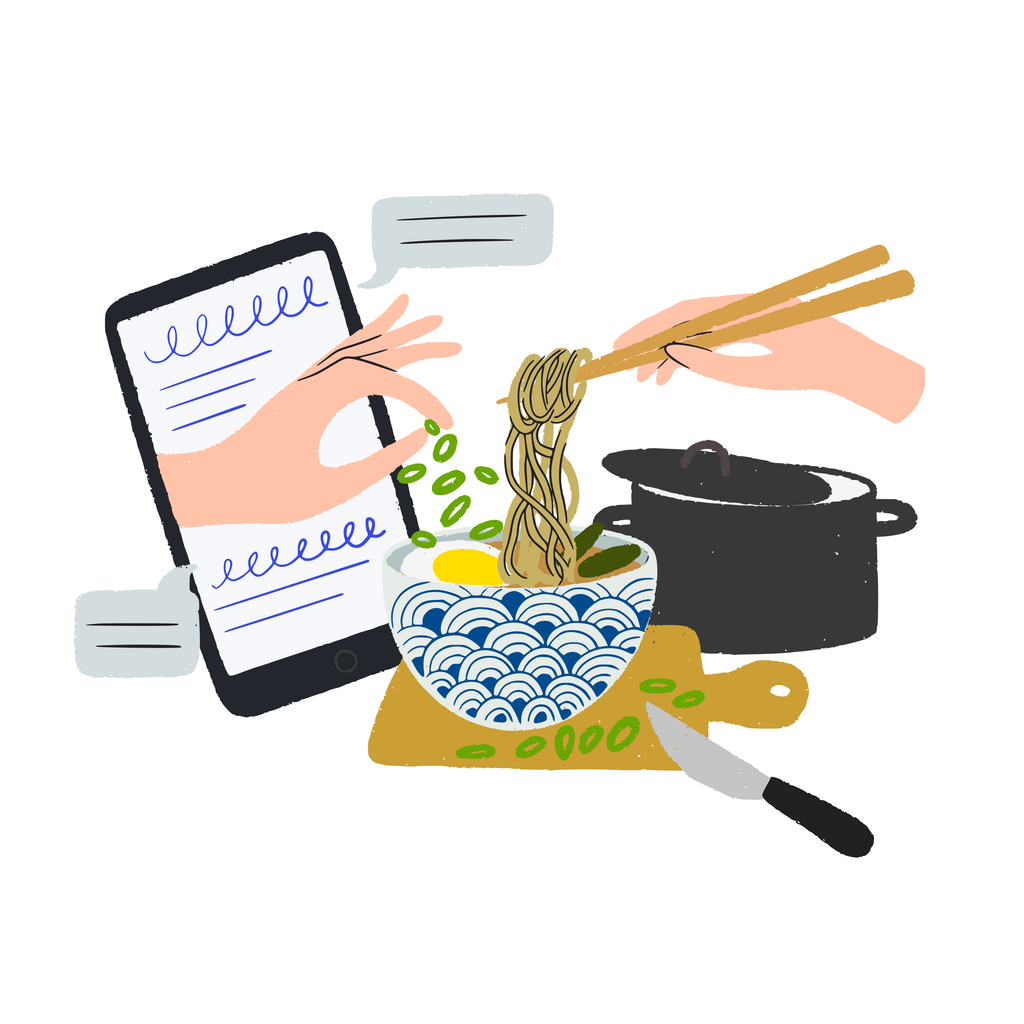 An illustration showing hands using chopsticks to twirl noodles from a pot into a bowl, with a tablet displaying a recipe in the background.