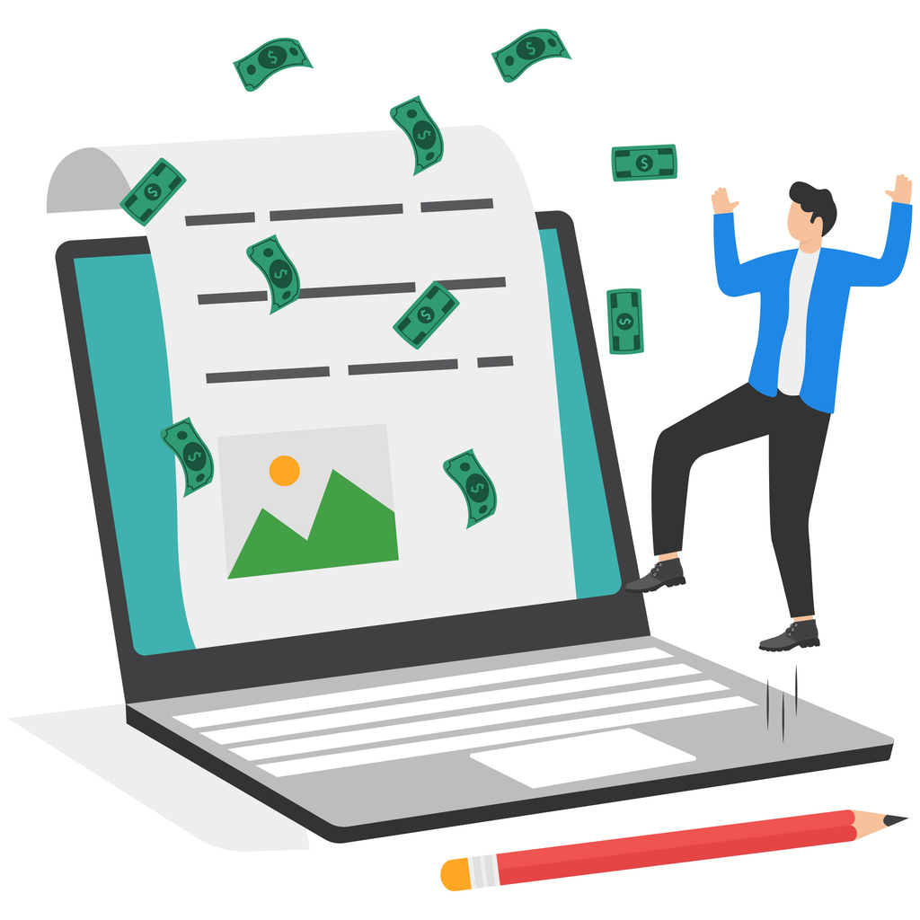 An illustration of a man celebrating with arms raised next to an open laptop with dollar bills floating around the screen, representing blog monetization.