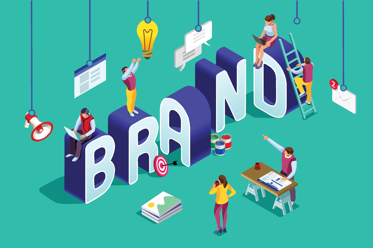 An isometric graphic of individuals engaging in branding activities, with oversized letters spelling "BRAND" and icons representing creativity and communication hanging overhead.
