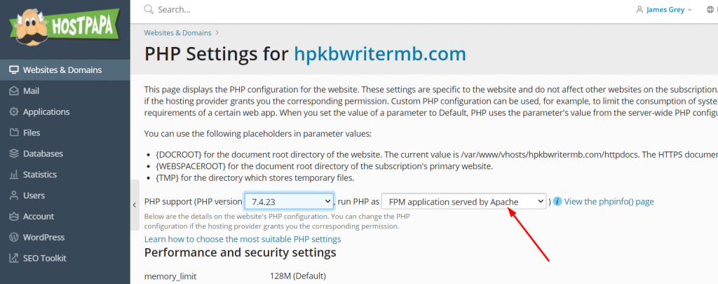 php settings plesk